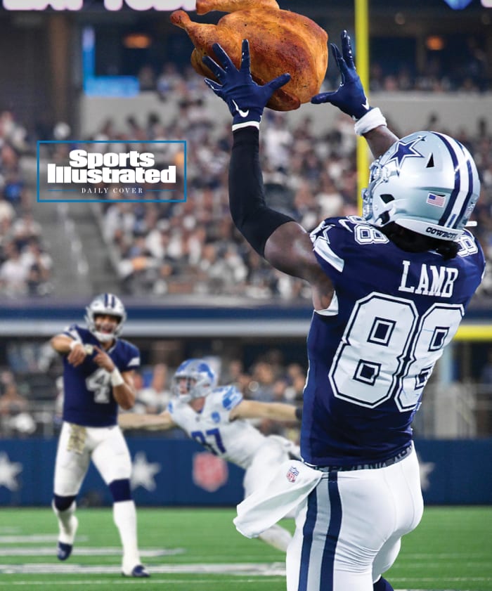 An illustration showing Dak Prescott throwing a turkey to CeeDee Lamb, with Lions players in the background.